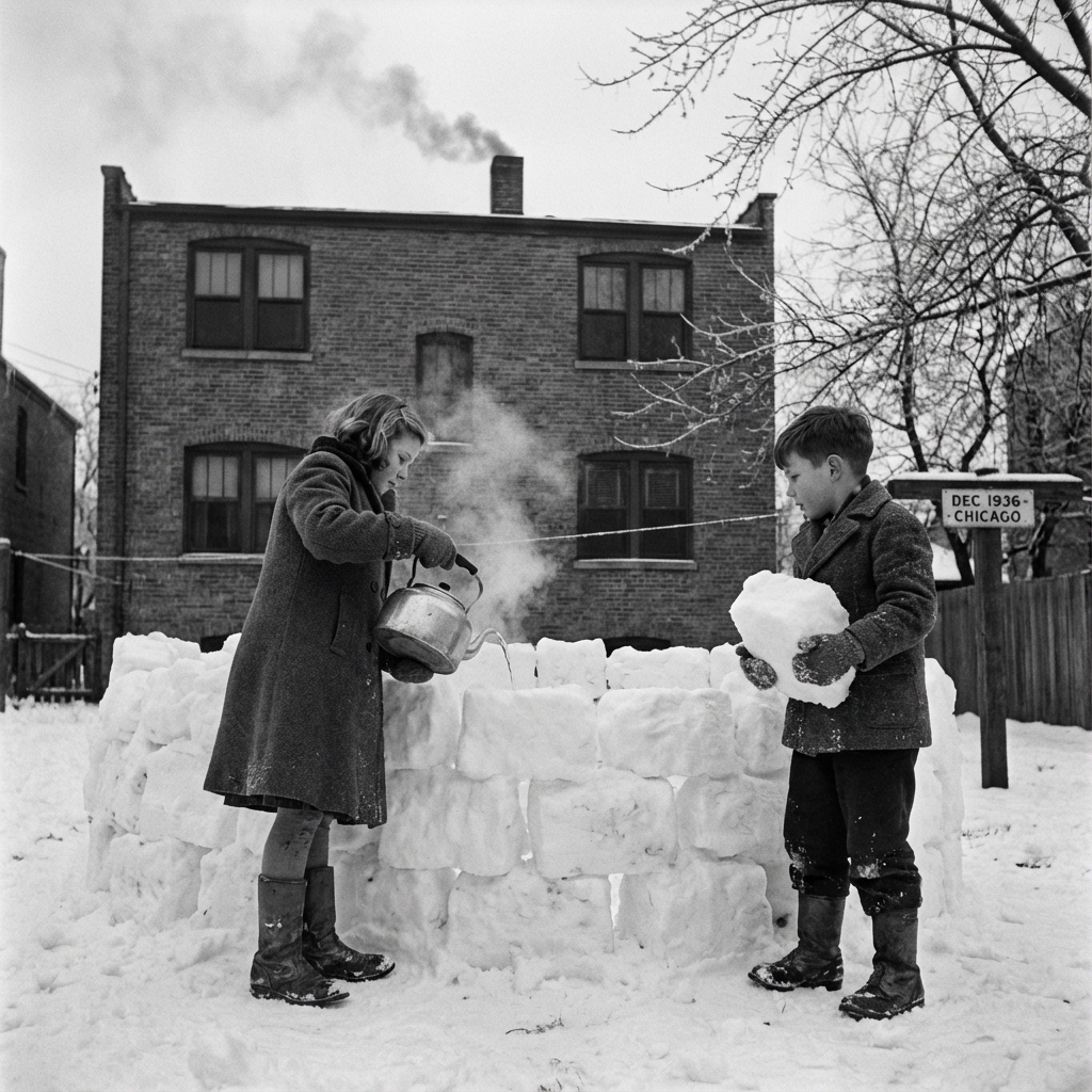 Children building snow fort in Chicago backyard
