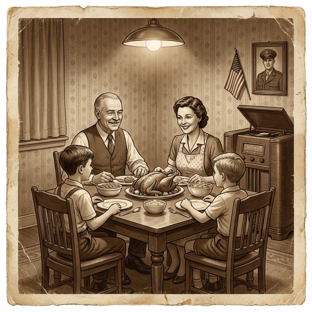 Post-war Thanksgiving dinner in modest Chicago home